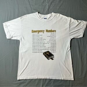 [L] Jesus T-shirt "Bible Emergency Numbers"